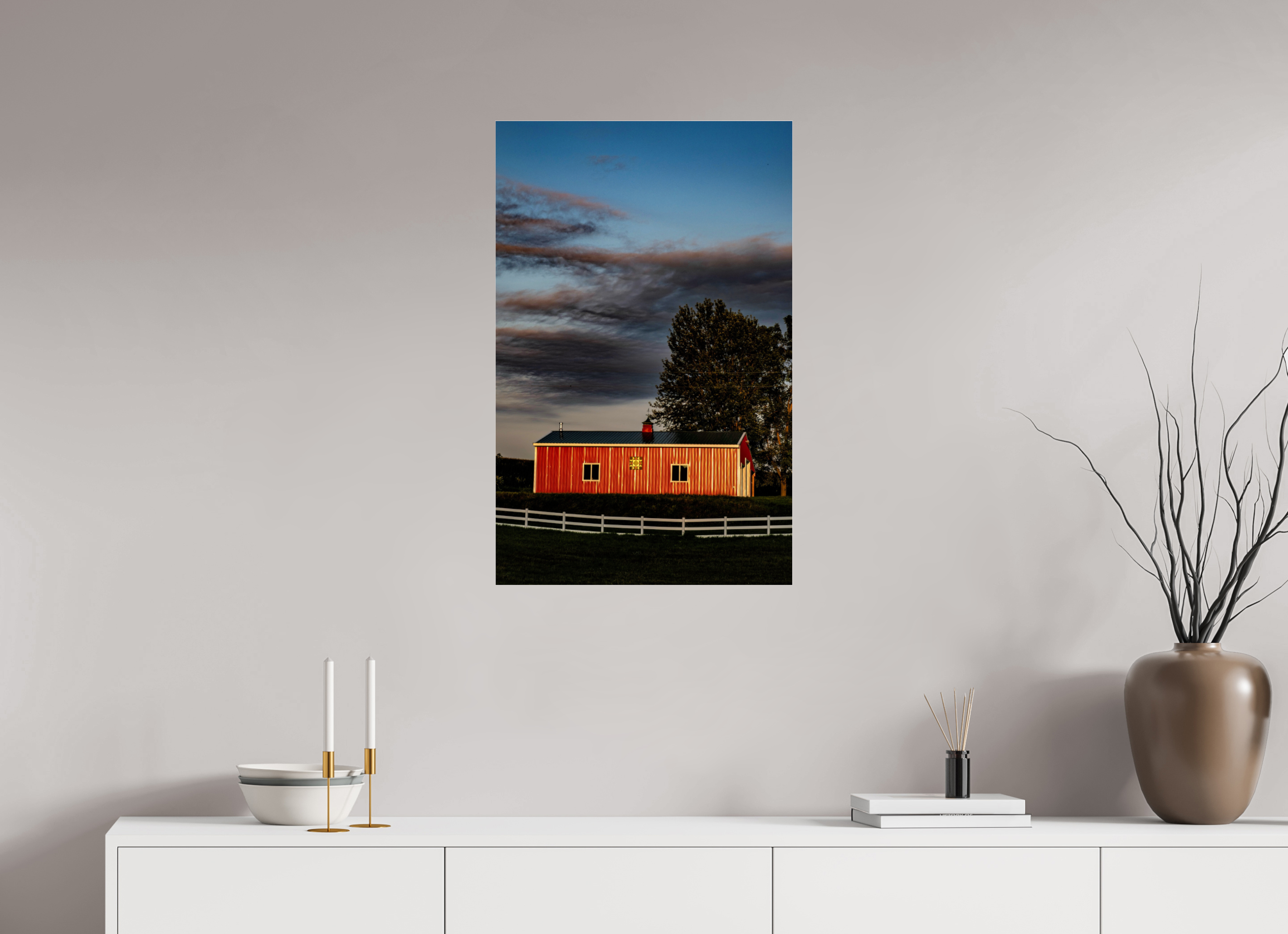 20 x 31.3″, Photo Print Under Acrylic Glass Barn at Sunset on acrylic glass