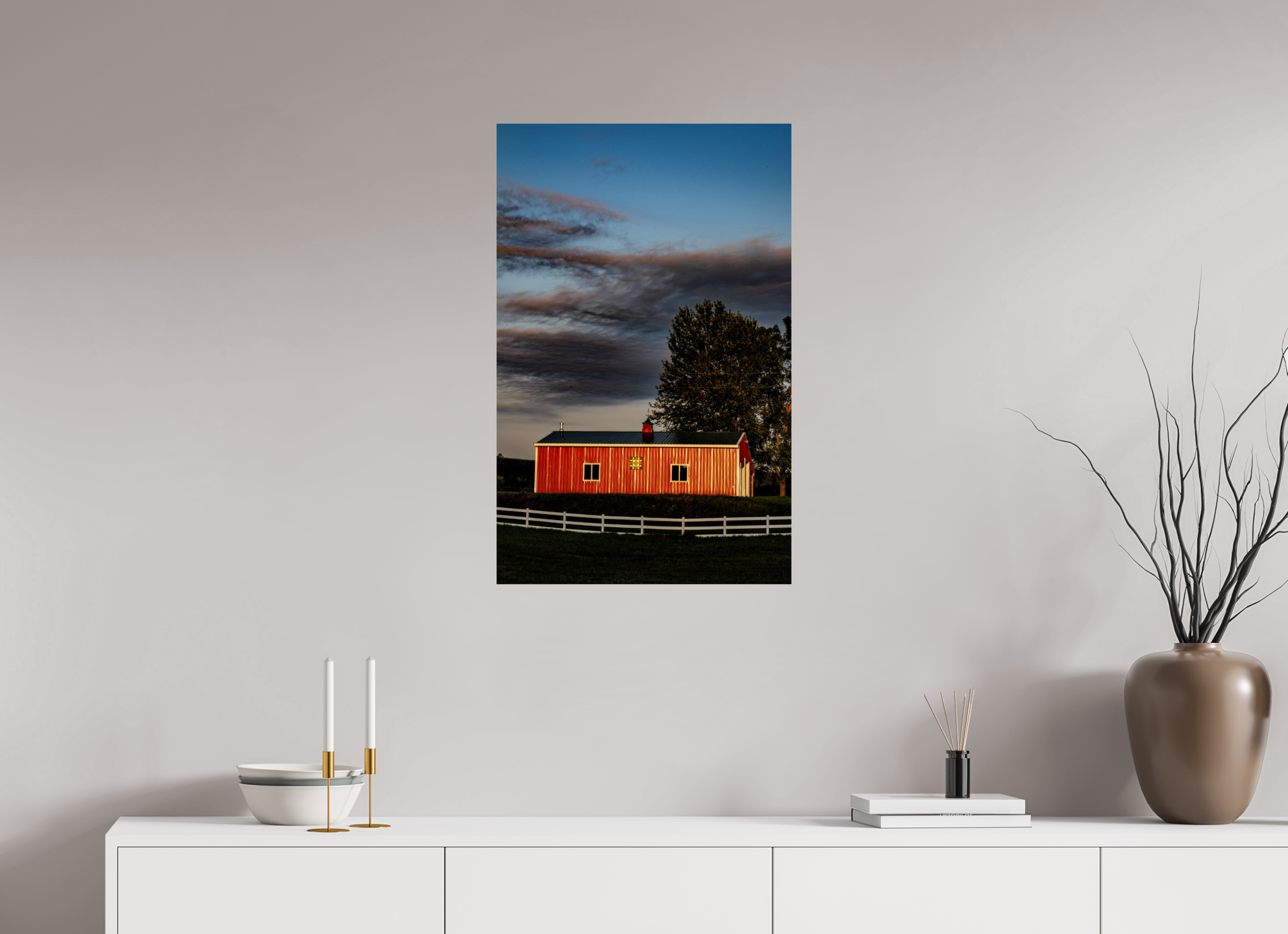 20 x 31.3″, Hahnemuhle FineArt Pearl Paper Barn at Sunset on Hahnemuhle FineArt Pearl Paper