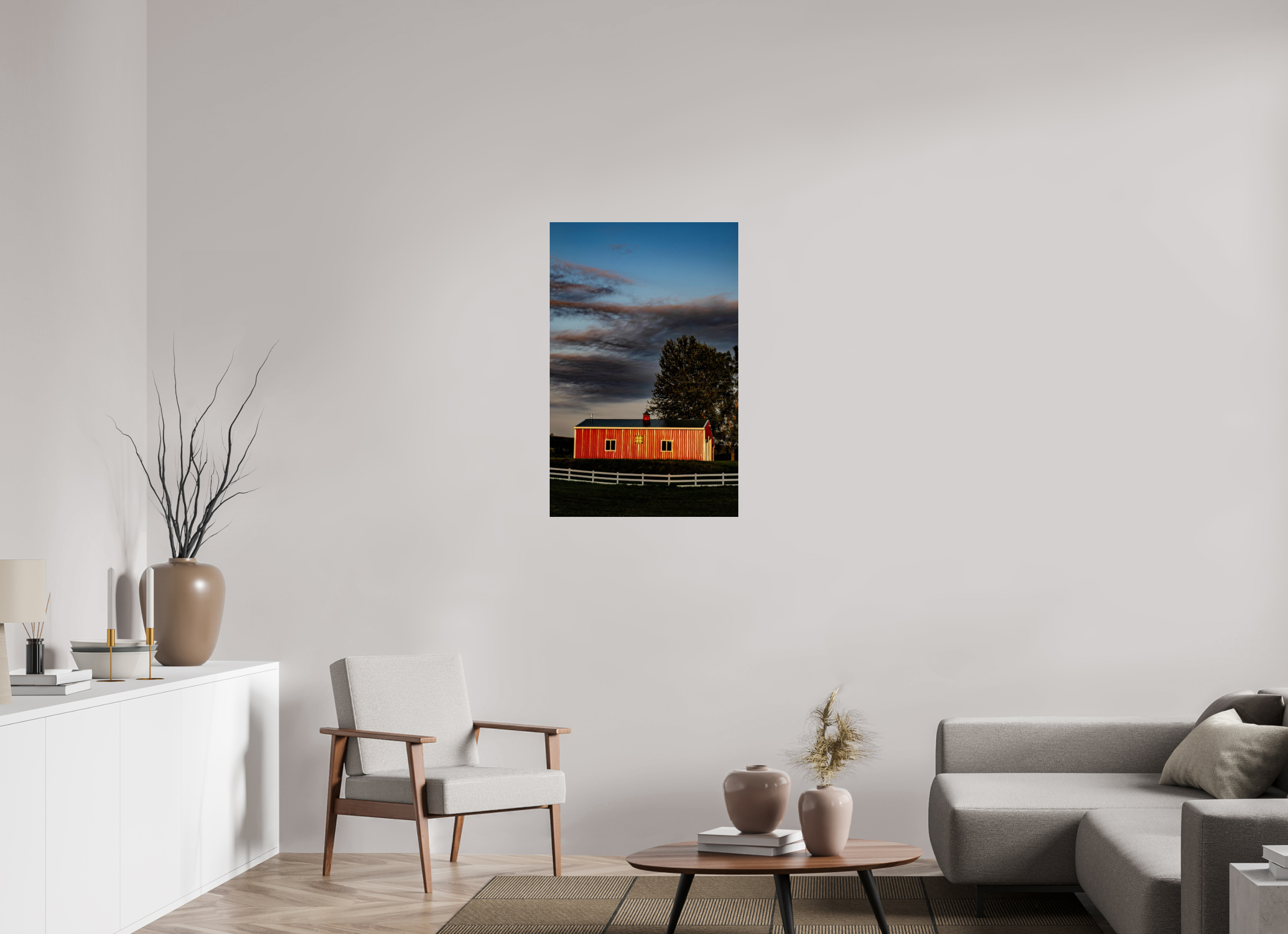 24 x 37.5″, Photo Print Under Acrylic Glass Barn at Sunset on acrylic glass