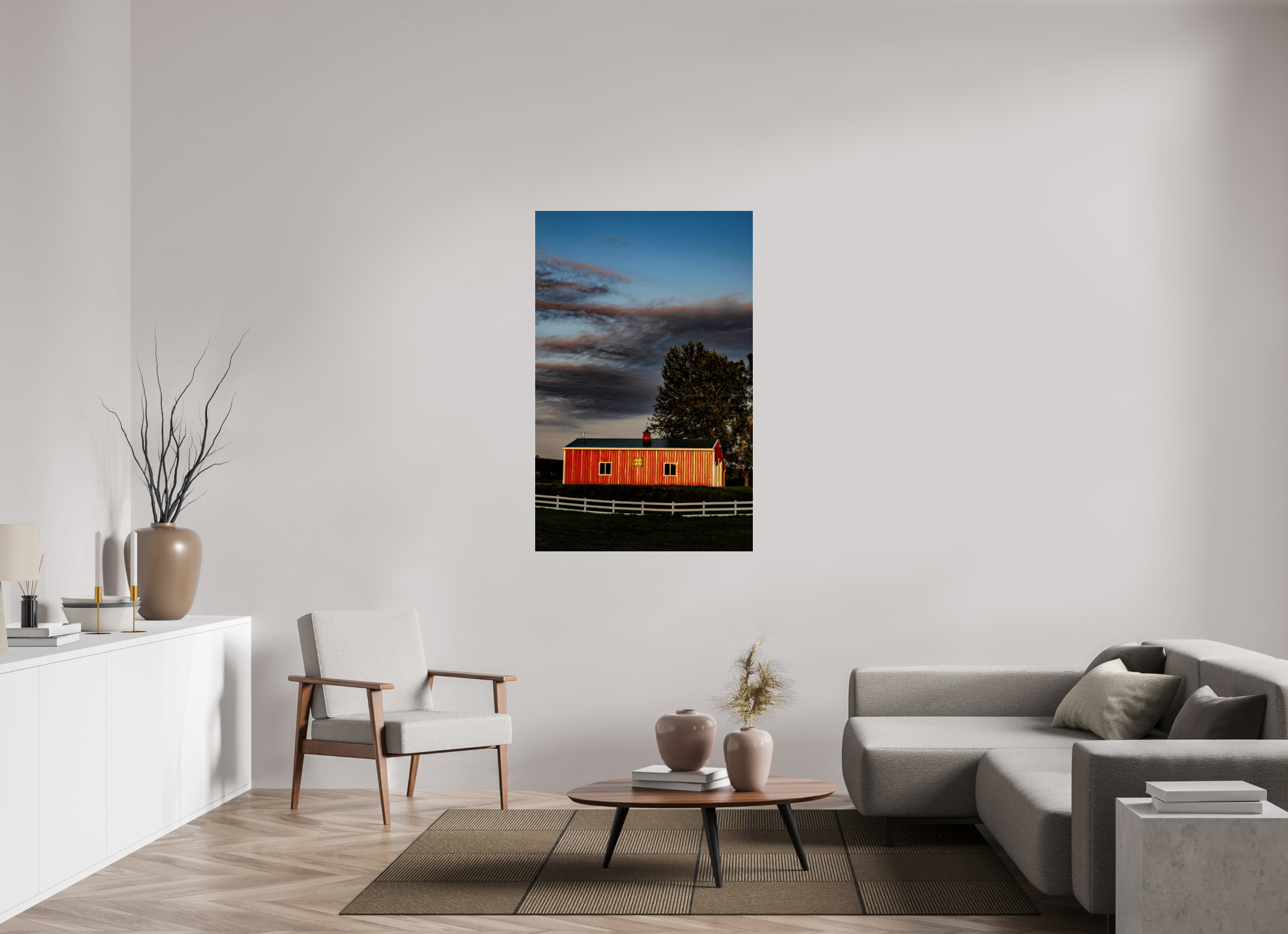 35 x 54.7″, Photo Print Under Acrylic Glass Barn at Sunset on acrylic glass