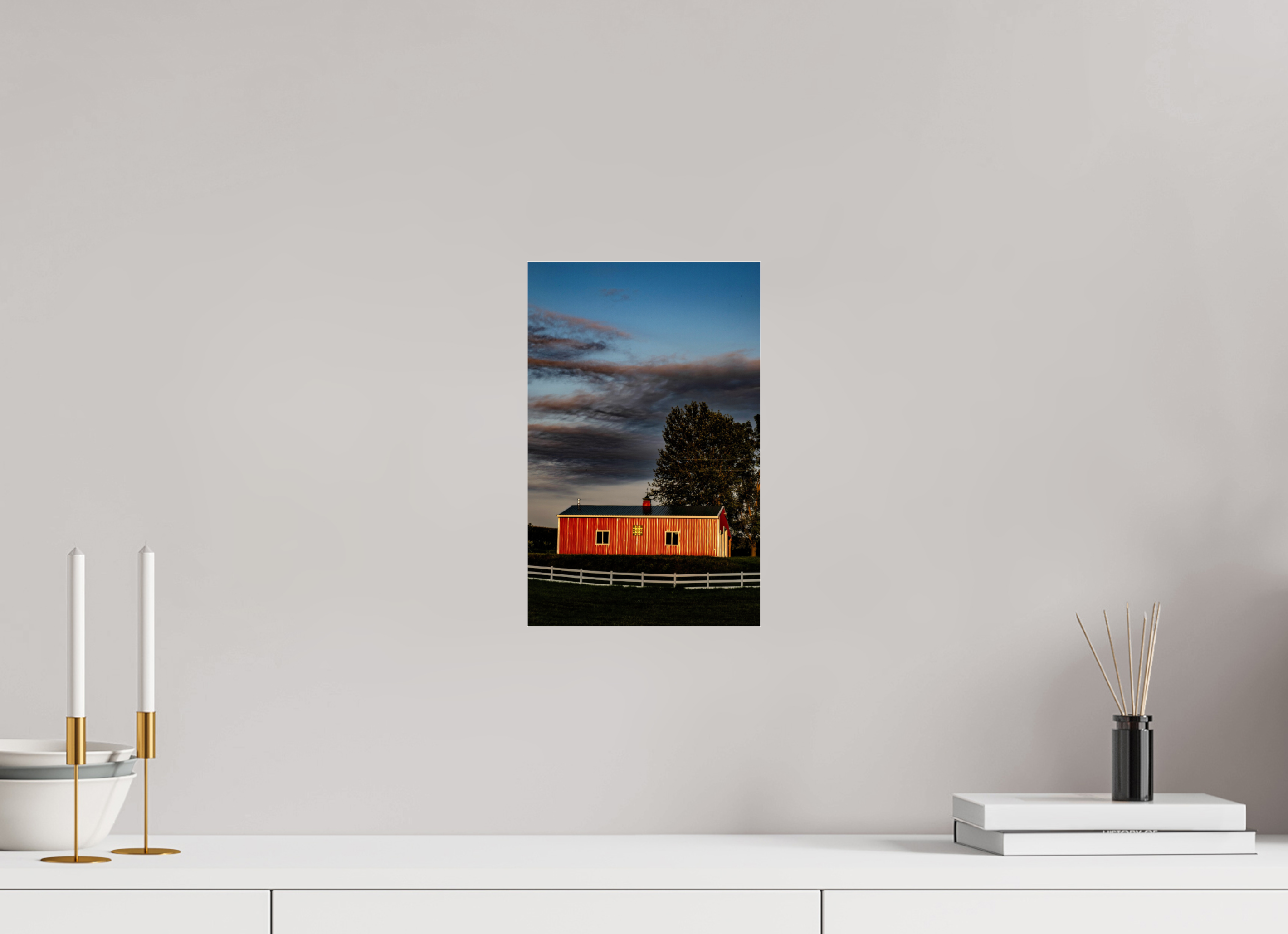 8 x 12.5″, Photo Print Under Acrylic Glass Barn at Sunset on acrylic glass