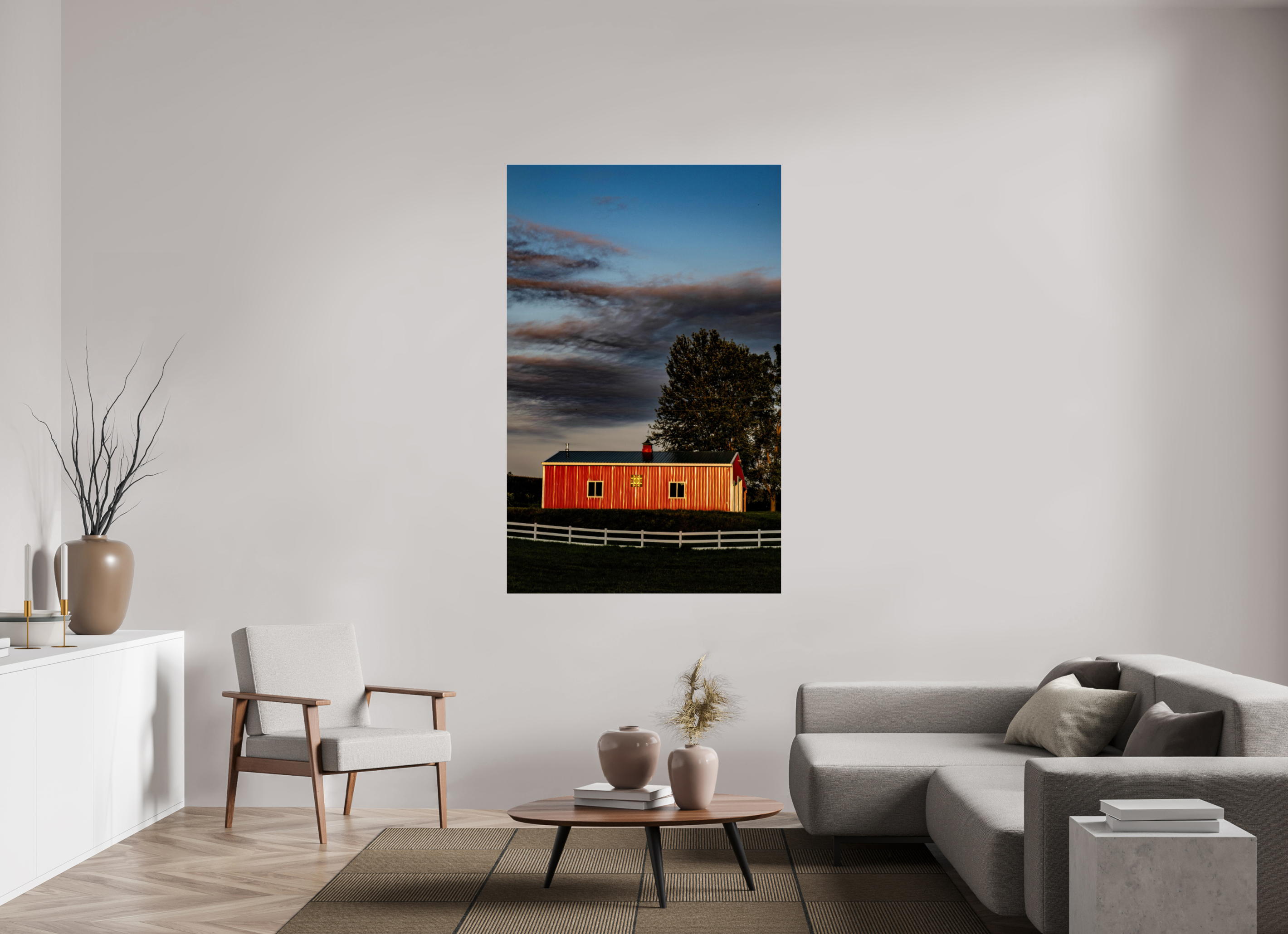 43 x 67.2″, Photo Print Under Acrylic Glass Barn at Sunset on acrylic glass