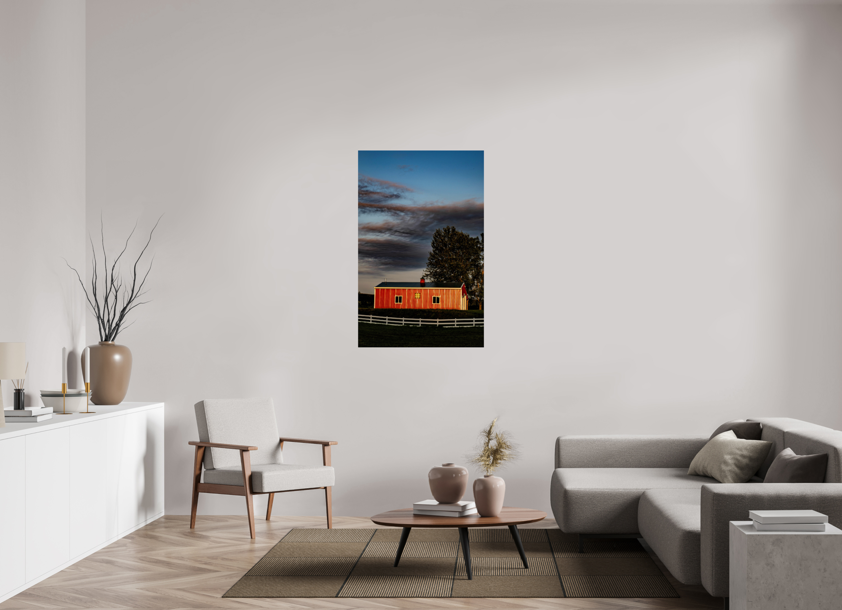 31 x 48.5″, Photo Print Under Acrylic Glass Barn at Sunset on acrylic glass