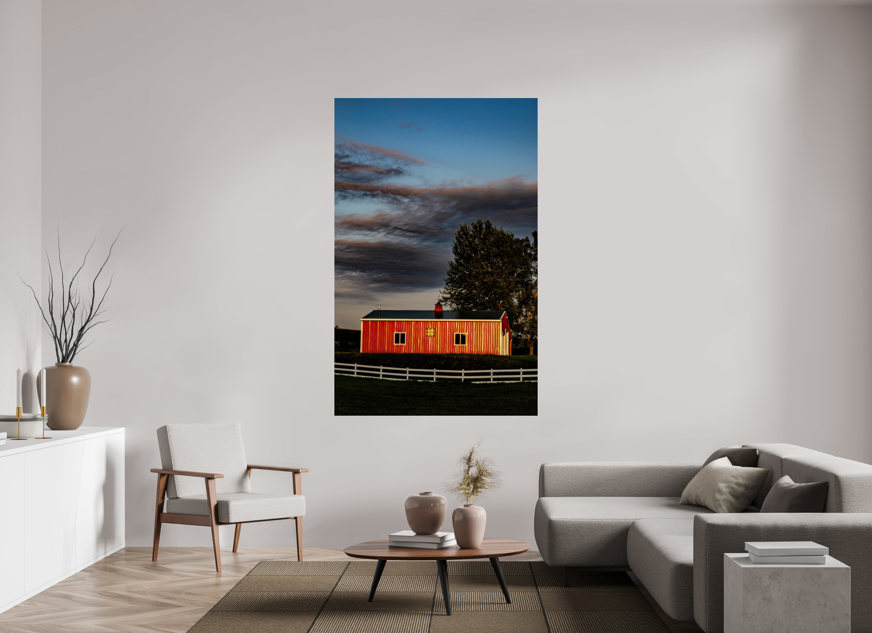 47 x 73.5″, Photo Print Under Acrylic Glass Barn at Sunset on acrylic glass
