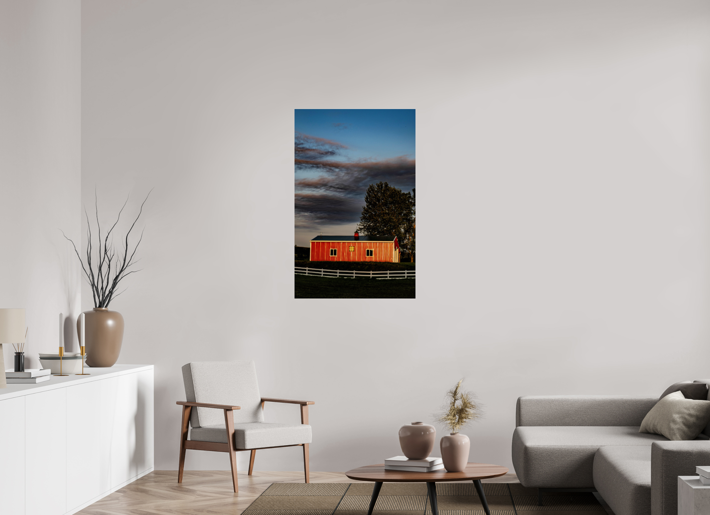 28 x 43.8″, Photo Print Under Acrylic Glass Barn at Sunset on acrylic glass