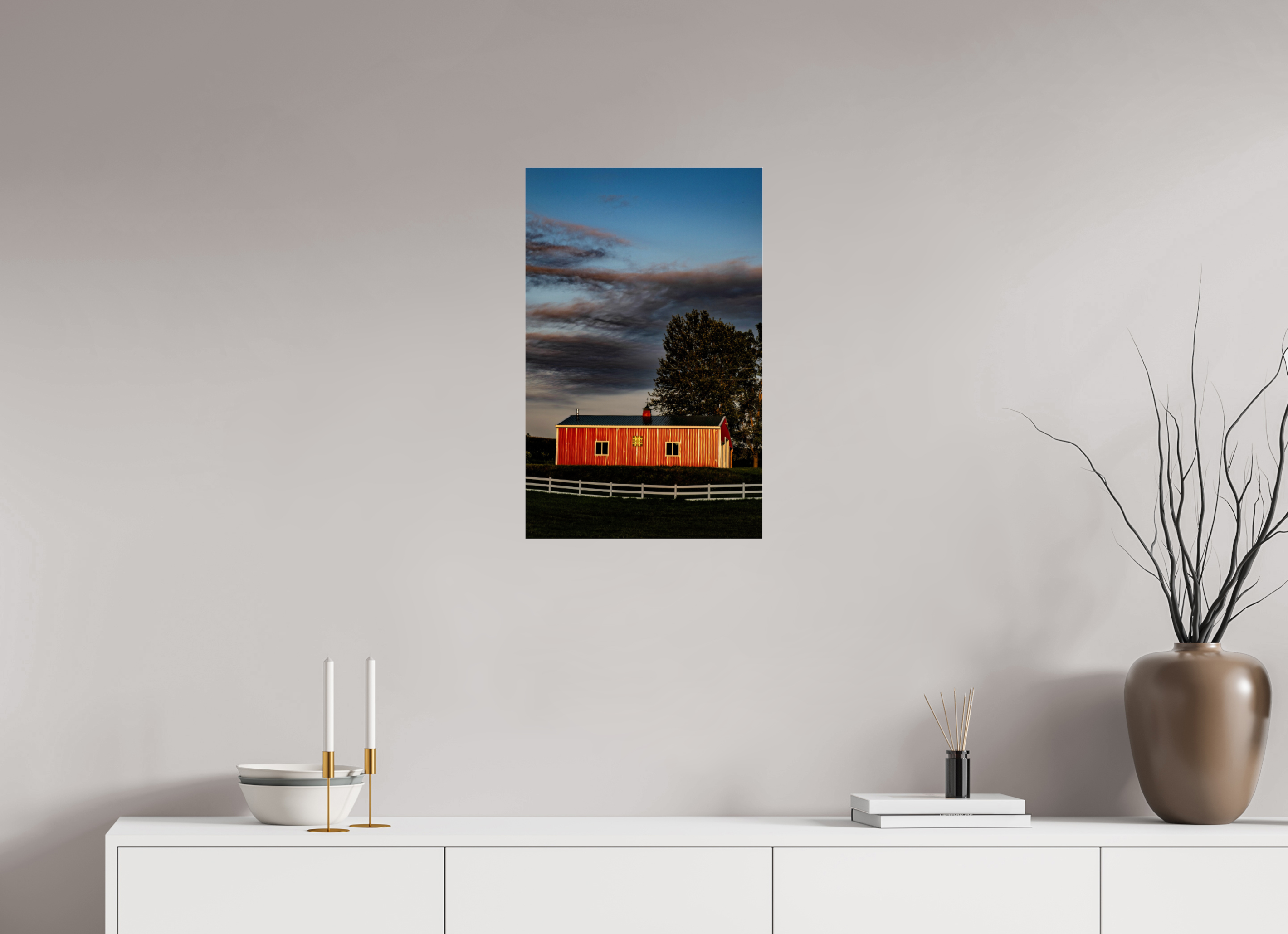 16 x 25″, Photo Print Under Acrylic Glass Barn at Sunset on acrylic glass