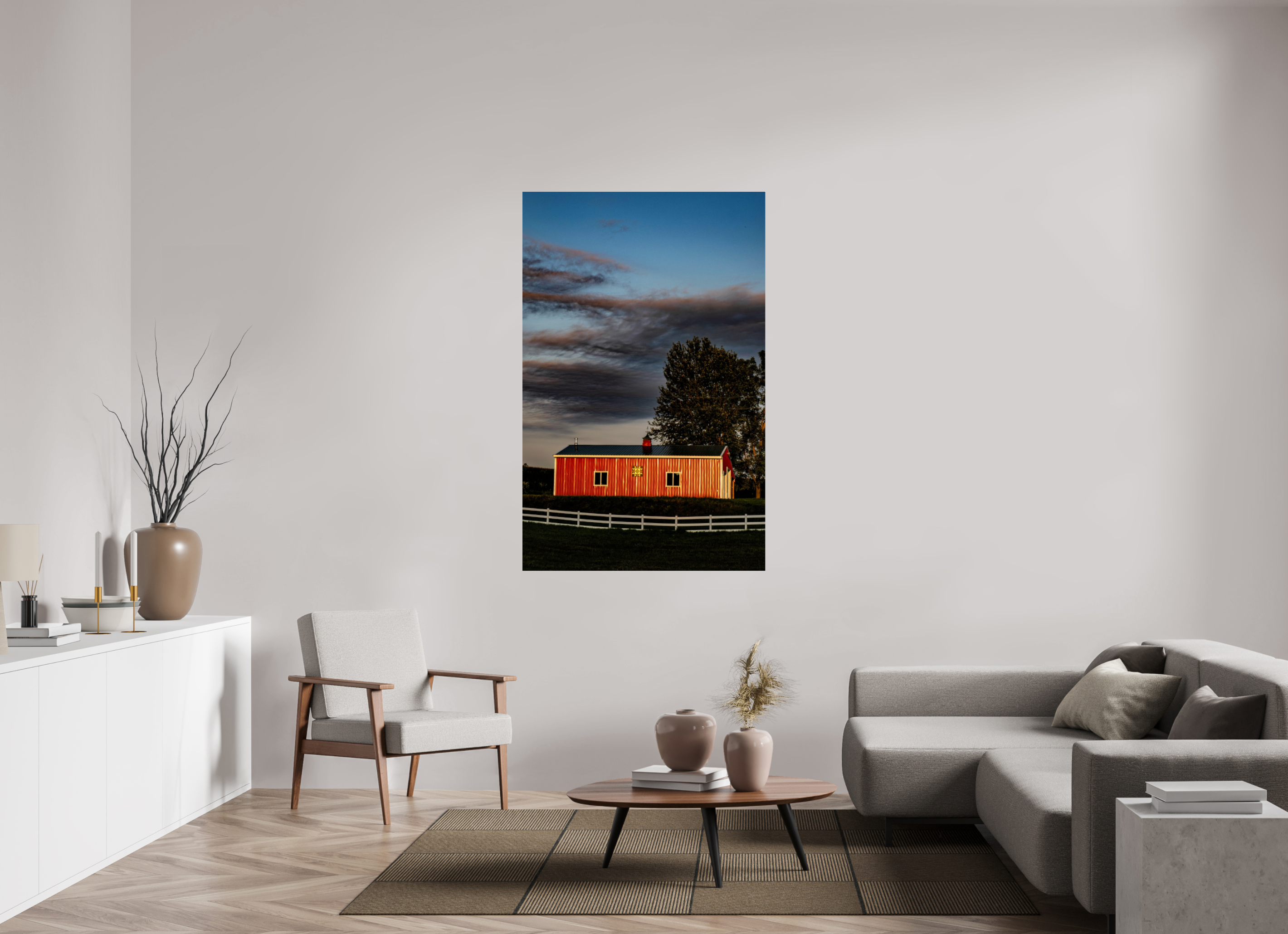 39 x 60.9″, Photo Print Under Acrylic Glass Barn at Sunset on acrylic glass