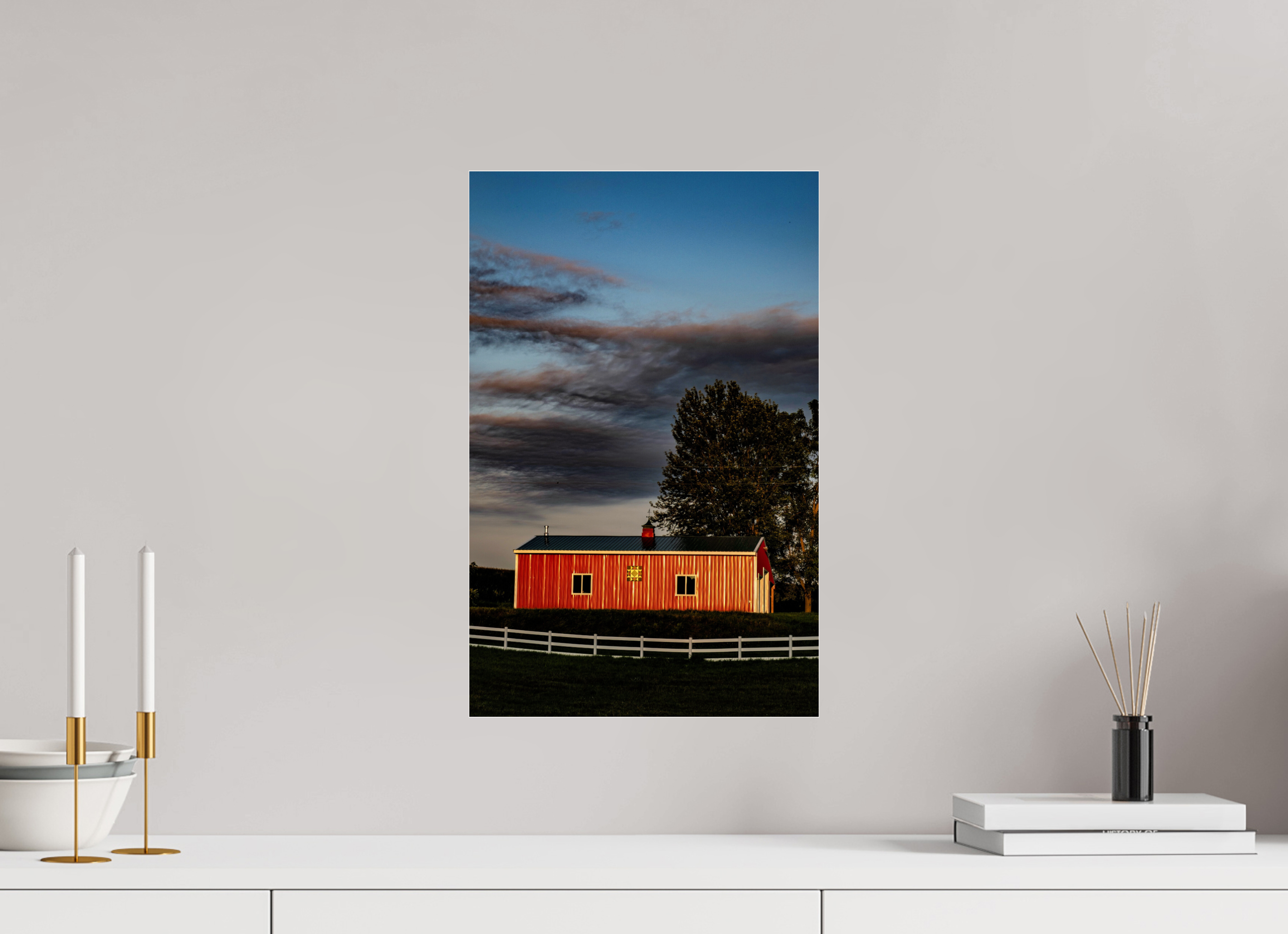 12 x 18.7″, Photo Print Under Acrylic Glass Barn at Sunset on acrylic glass